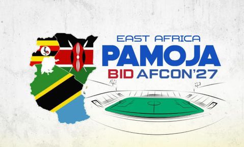 Drapeaux de la Tanzanie, de l'Ouganda et du Kenya sur le logo de la compétition de Coupe d'Afrique des Nations Pajoma 2027