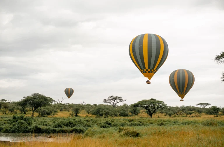 Trois montgolfières survolant une vaste savane arborée, une expérience de safari aérien à découvrir en Tanzanie.